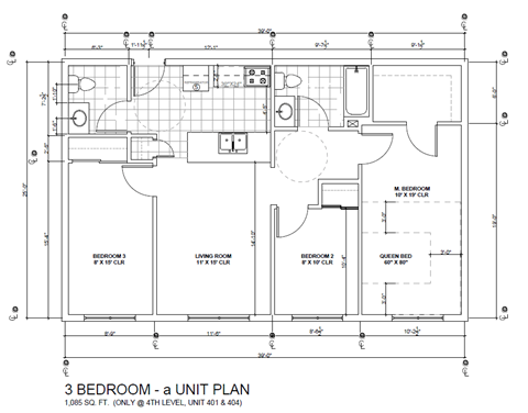 Floor plan for 3 beds, 2 baths, 1085 sqft